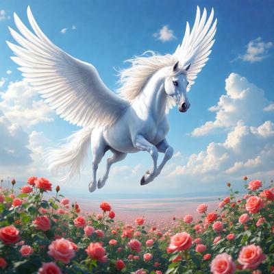 Primary subject: A white horse with wings flying through a field of red flowers.

Setting/background: The horse is flying through a field of red flowers, which are scattered throughout the scene.

Visual style: The image is a digital art illustration featuring a white horse with wings and a field of red flowers.

Colors and mood: The dominant colors are red and white, with the red flowers creating a vibrant and lively atmosphere.